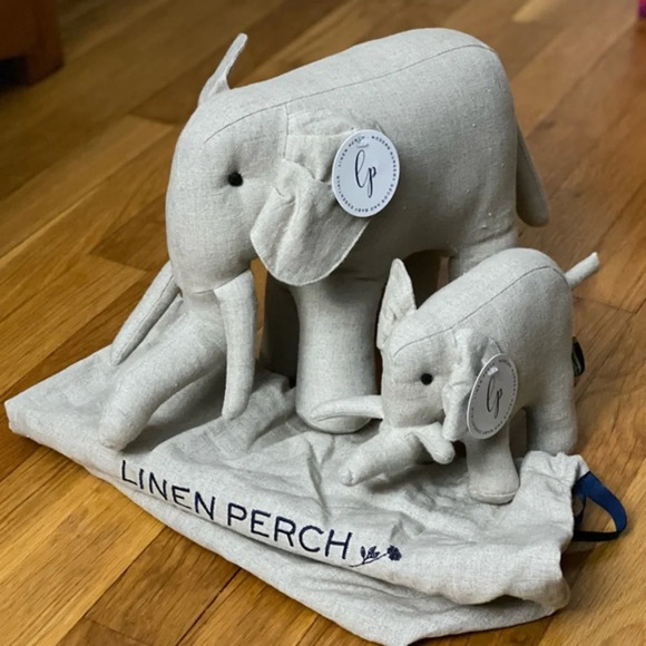 NWT Linen Perch Momma and Baby Enzo Natural Linen Elephant Duo Stuffed Animals - Picture 1 of 13